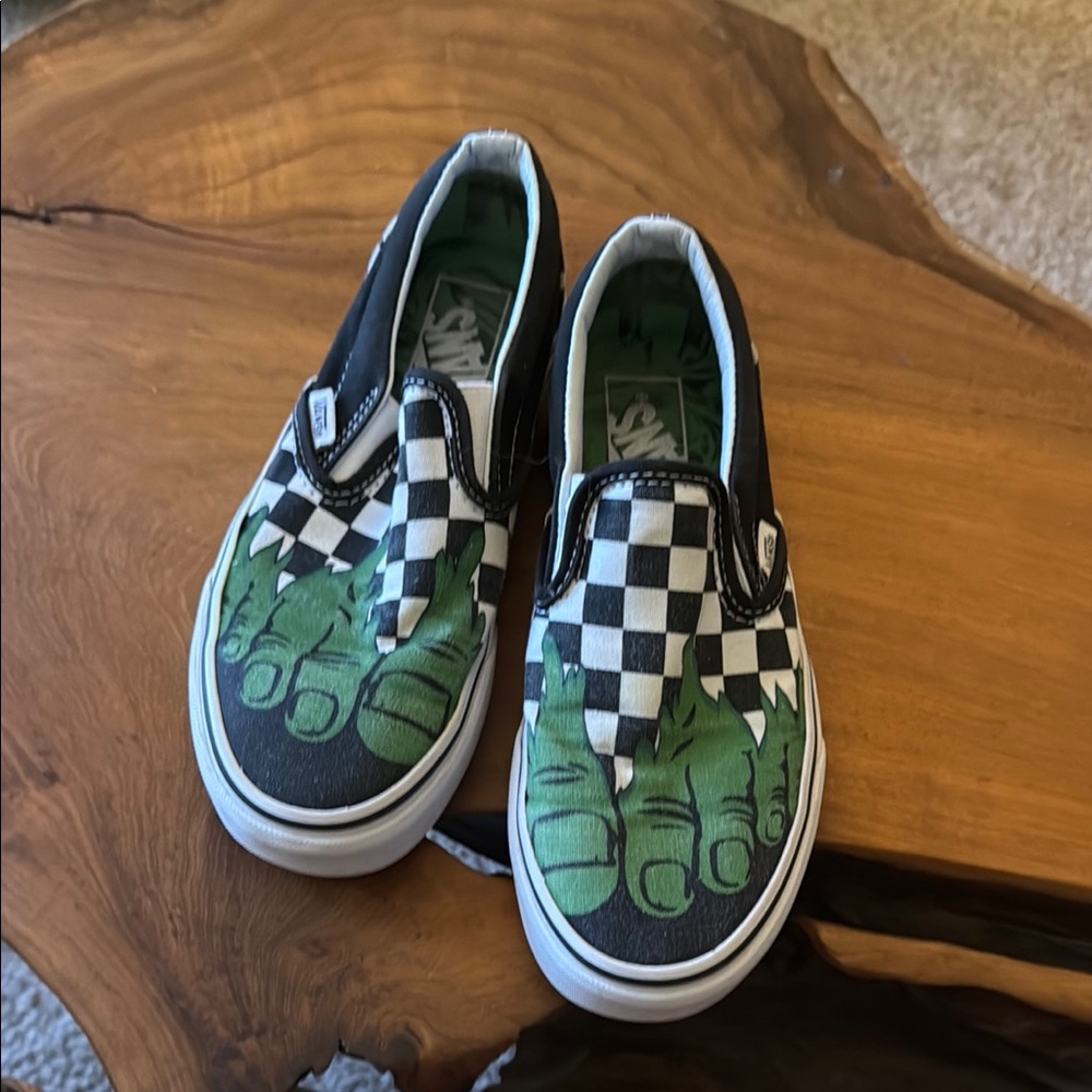 Vans Kids Green and Black Checkered Slip-On Shoes